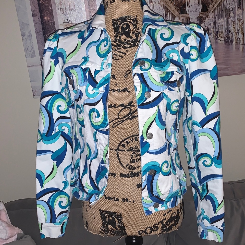 Boston Proper White and Blue Swirl Jean Jacket